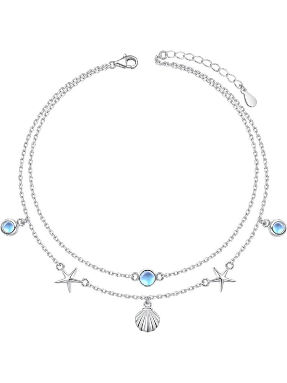 Boho Beach Double Layer Adjustable Anklet Bracelet - S925 Sterling Silver, 9-11